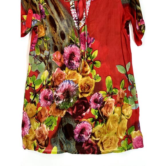 Marila Red Floral Vneck Crystal Details Semi Sheer 3/4 Sleeves Cover Up Size S - Picture 3 of 8